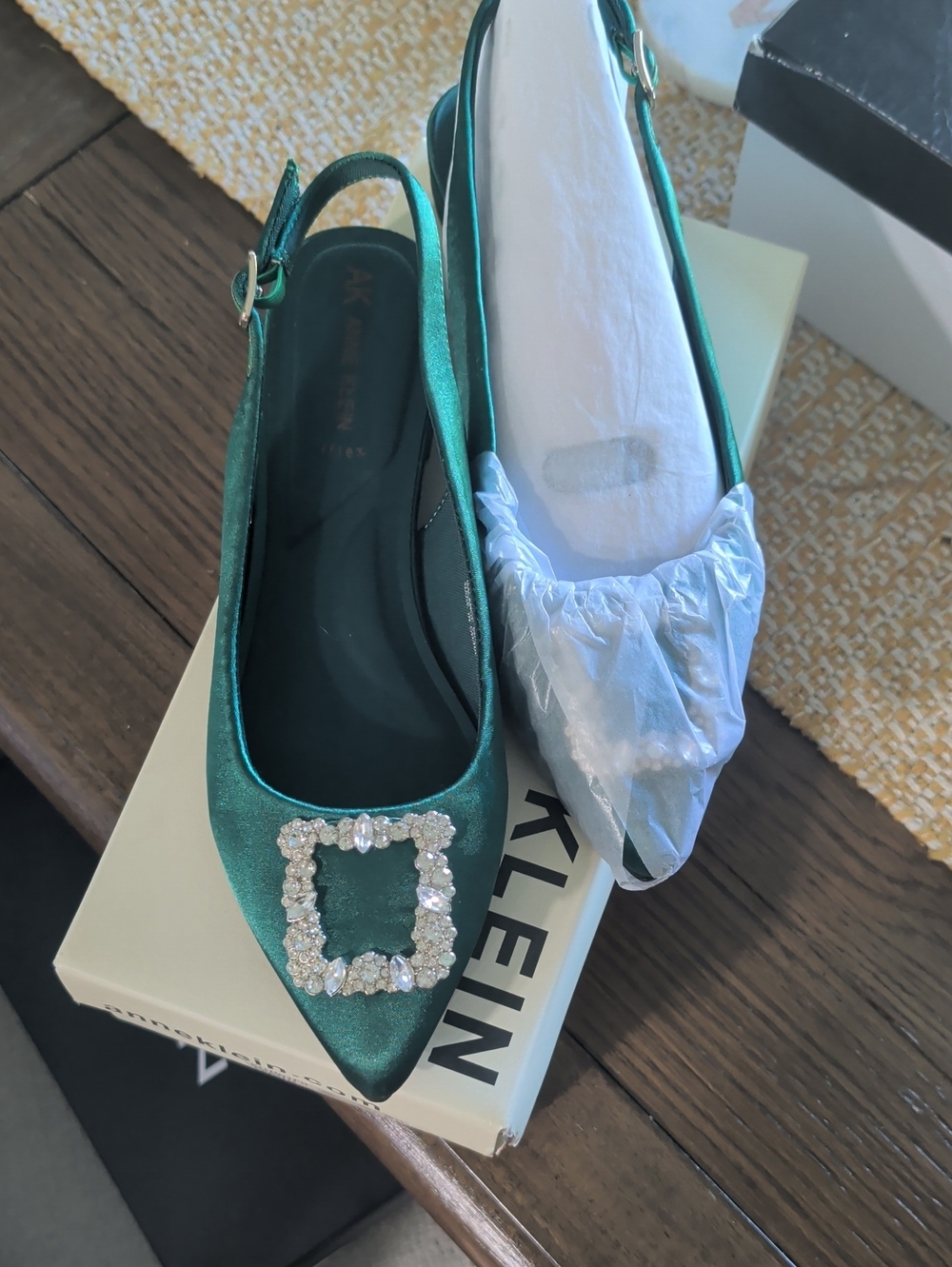 Brand New In Box Anne Klein Green Satin Slingback Flats with Crystal Buckle